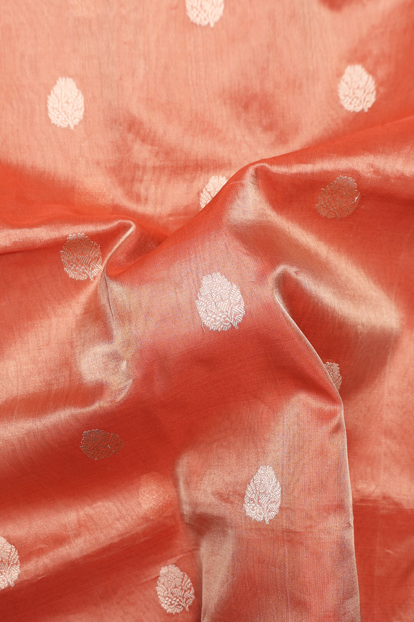 Kora Banarasi Silk Saree In Orange Tissue With Floral Buttas