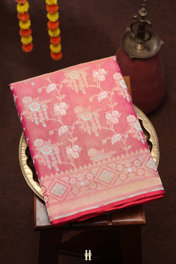 Kora Banarasi Silk Saree In Pink Tissue With Floral Design