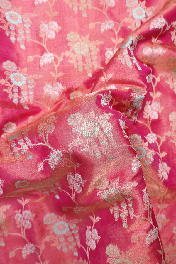Kora Banarasi Silk Saree In Pink Tissue With Floral Design