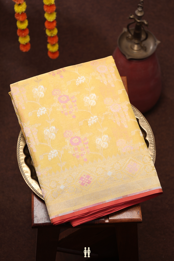 Kora Banarasi Silk Saree In Yellow Tissue With Floral Design