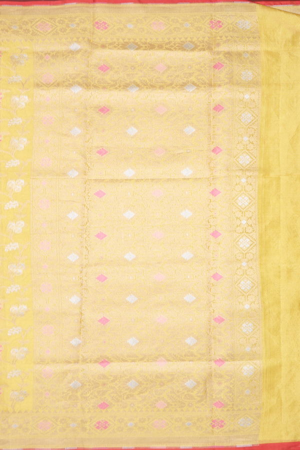Kora Banarasi Silk Saree In Yellow Tissue With Floral Design