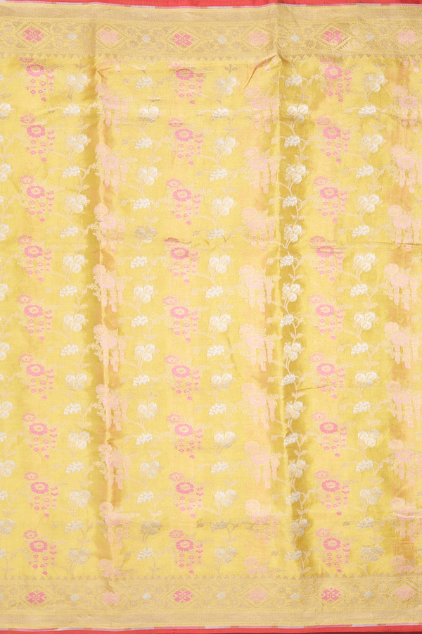 Kora Banarasi Silk Saree In Yellow Tissue With Floral Design