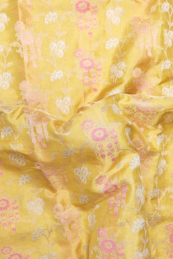 Kora Banarasi Silk Saree In Yellow Tissue With Floral Design