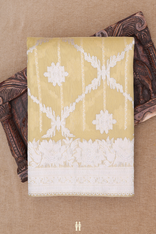 Kora Banarasi Silk Saree In Yellow With Diamond Design