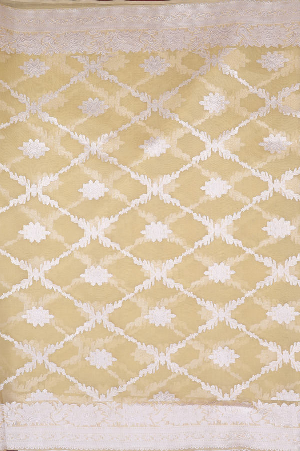 Kora Banarasi Silk Saree In Yellow With Diamond Design