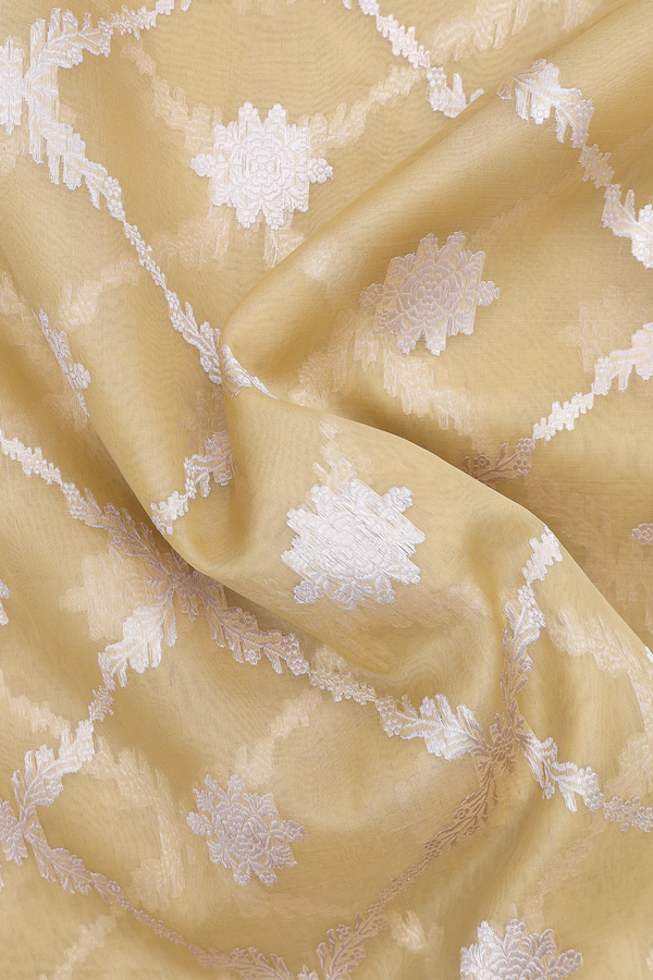 Kora Banarasi Silk Saree In Yellow With Diamond Design