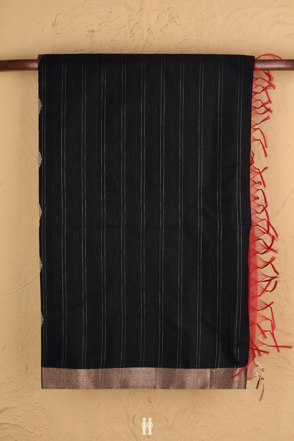 Kora Silk Cotton Saree In Black With Stripes Design