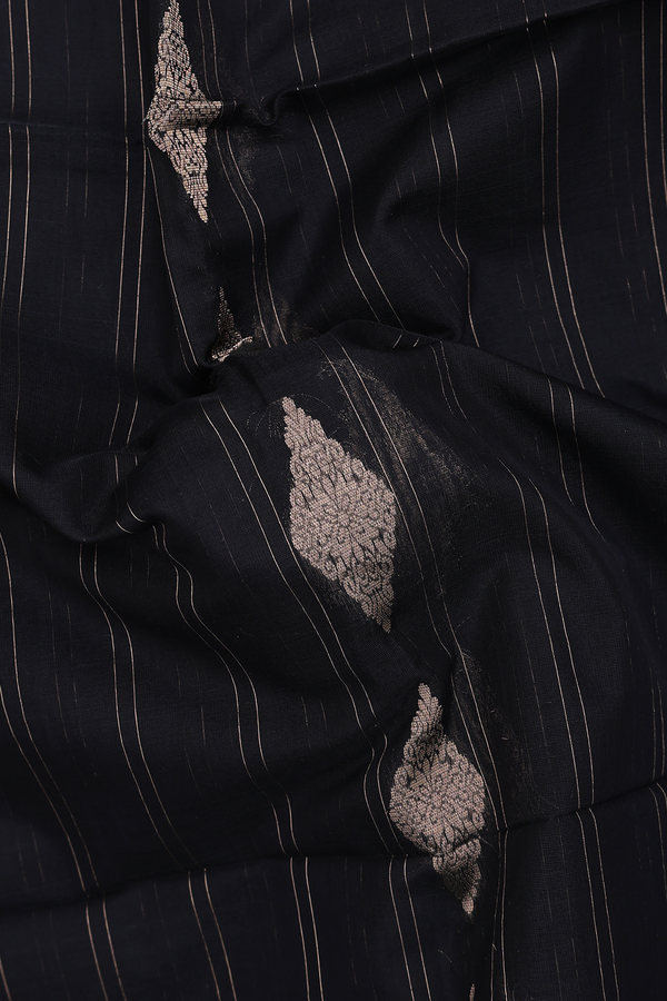 Kora Silk Cotton Saree In Black With Stripes Design