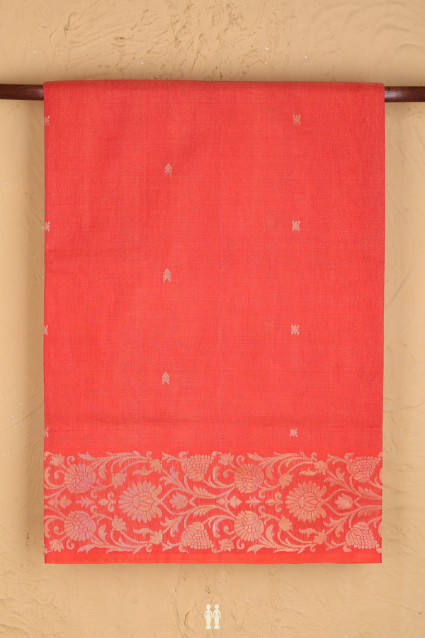 Kora Silk Cotton Saree In Coral Red With Zari Buttas