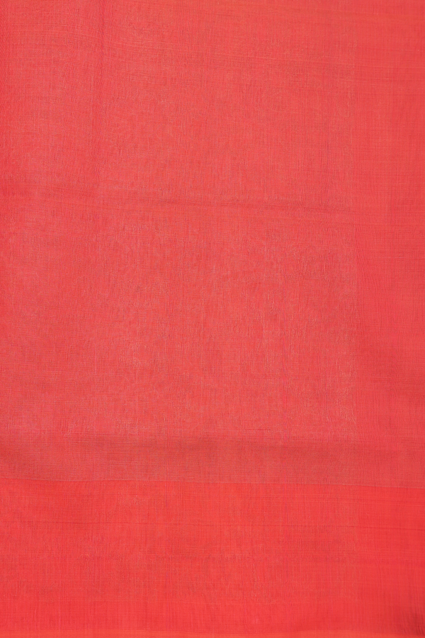 Kora Silk Cotton Saree In Coral Red With Zari Buttas