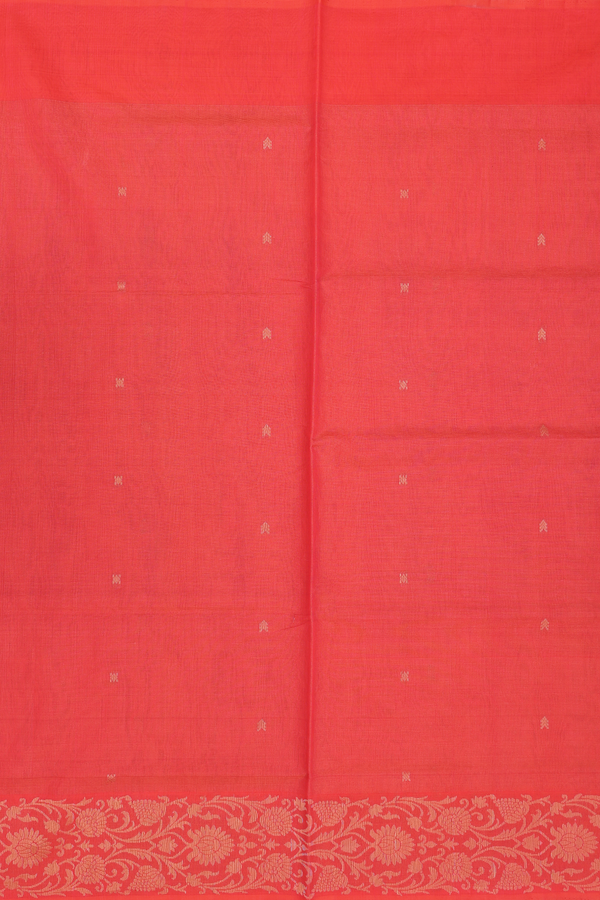 Kora Silk Cotton Saree In Coral Red With Zari Buttas