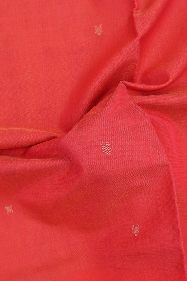 Kora Silk Cotton Saree In Coral Red With Zari Buttas