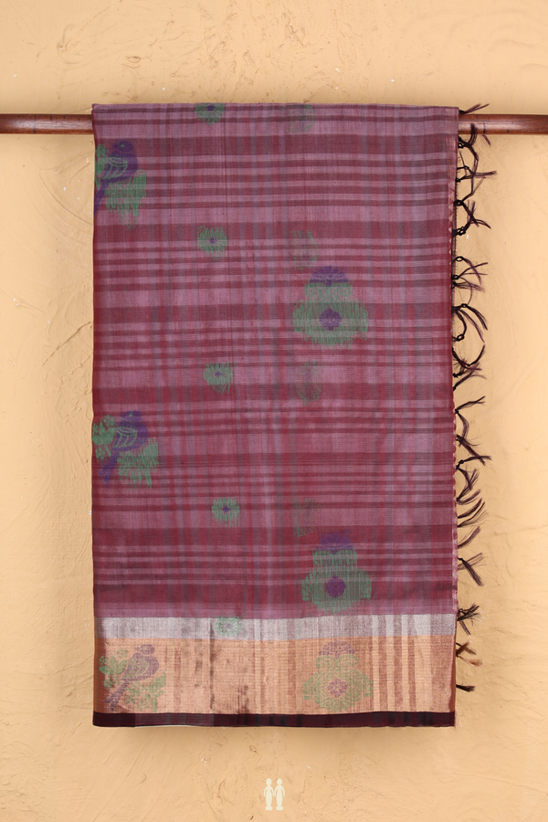 Kora Silk Cotton Saree In Dusty Purple With Parrot Buttas