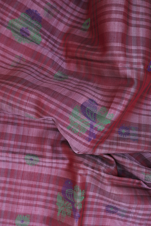 Kora Silk Cotton Saree In Dusty Purple With Parrot Buttas