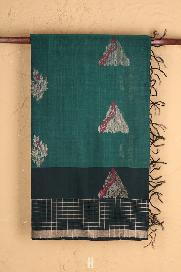 Kora Silk Cotton Saree In Forest Green With Peacock Design
