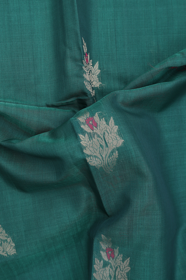 Kora Silk Cotton Saree In Forest Green With Peacock Design