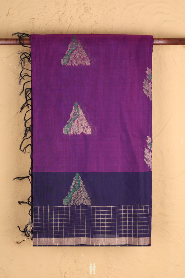 Kora Silk Cotton Saree In Grape Purple With Peacock Design