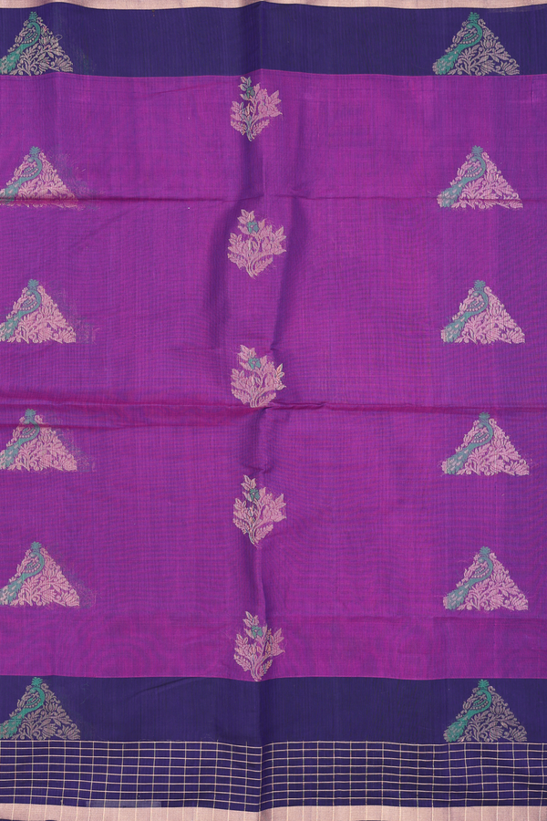 Kora Silk Cotton Saree In Grape Purple With Peacock Design