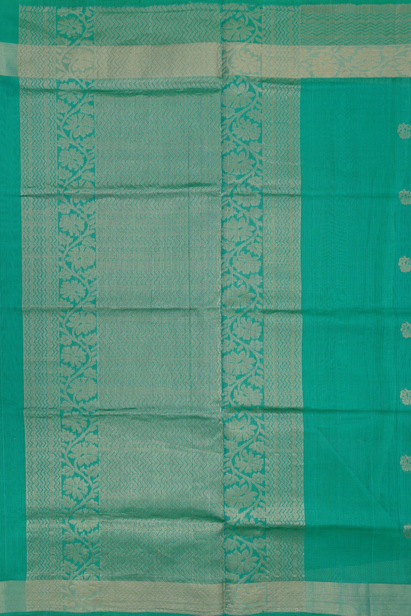 Kora Silk Cotton Saree In Green With Floral Buttas