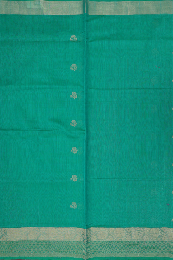 Kora Silk Cotton Saree In Green With Floral Buttas