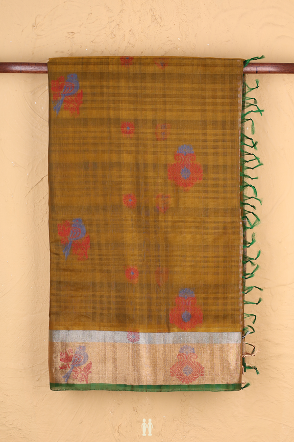 Kora Silk Cotton Saree In Greenish Brown With Parrot Buttas