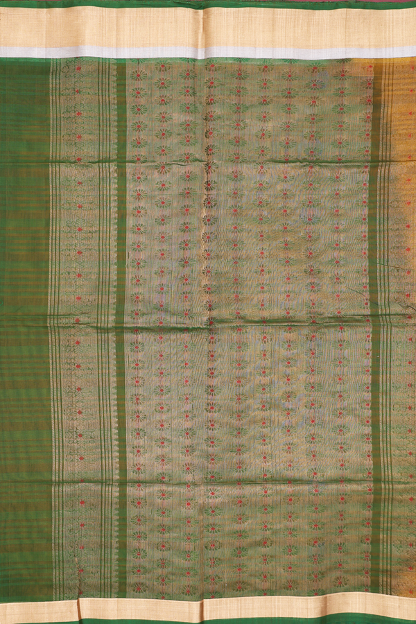 Kora Silk Cotton Saree In Greenish Brown With Parrot Buttas