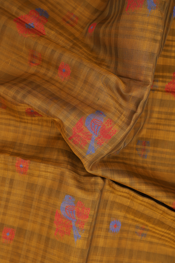 Kora Silk Cotton Saree In Greenish Brown With Parrot Buttas