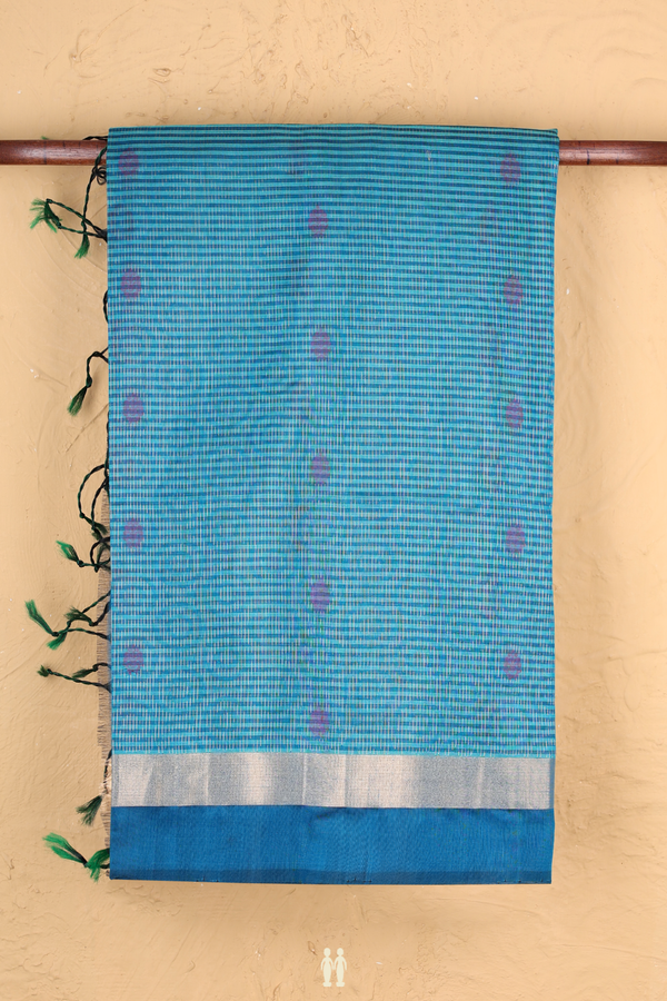 Kora Silk Cotton Saree In Deep Sky Blue With Stripes Design