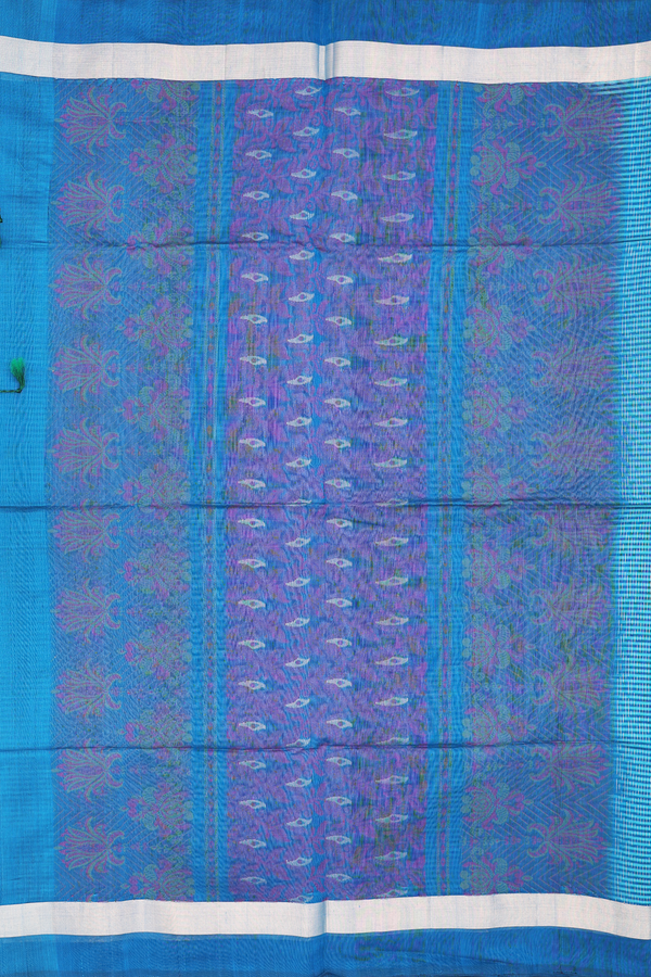 Kora Silk Cotton Saree In Deep Sky Blue With Stripes Design