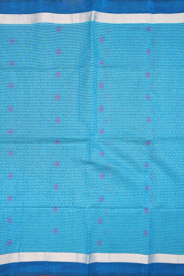 Kora Silk Cotton Saree In Deep Sky Blue With Stripes Design