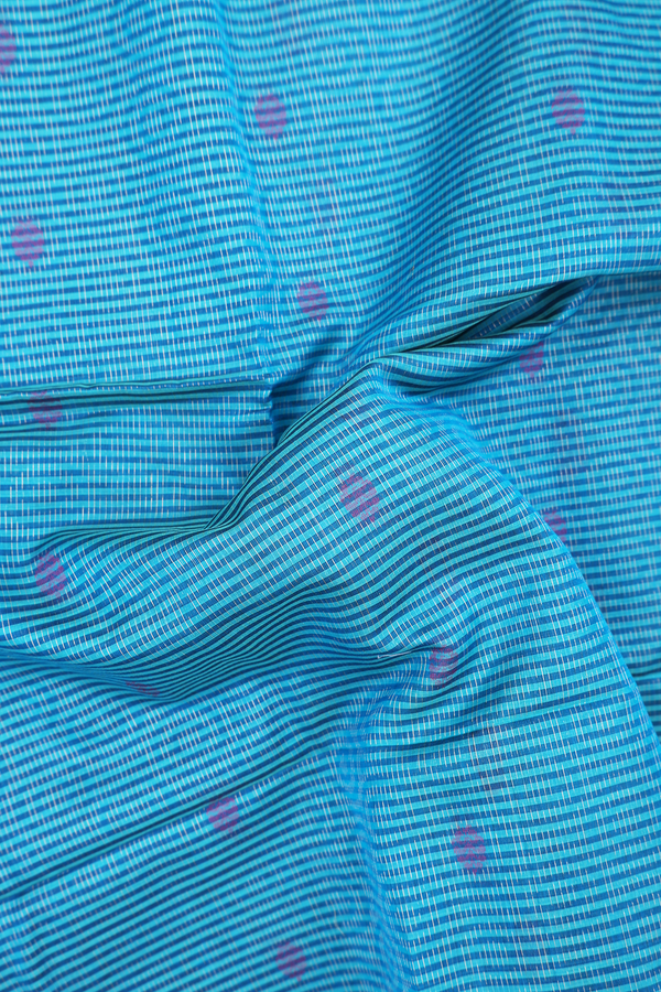 Kora Silk Cotton Saree In Deep Sky Blue With Stripes Design