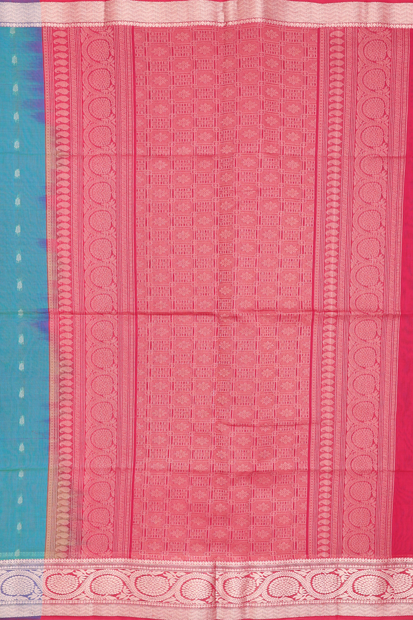 Kora Silk Cotton Saree In Peacock Blue With Zari Buttas