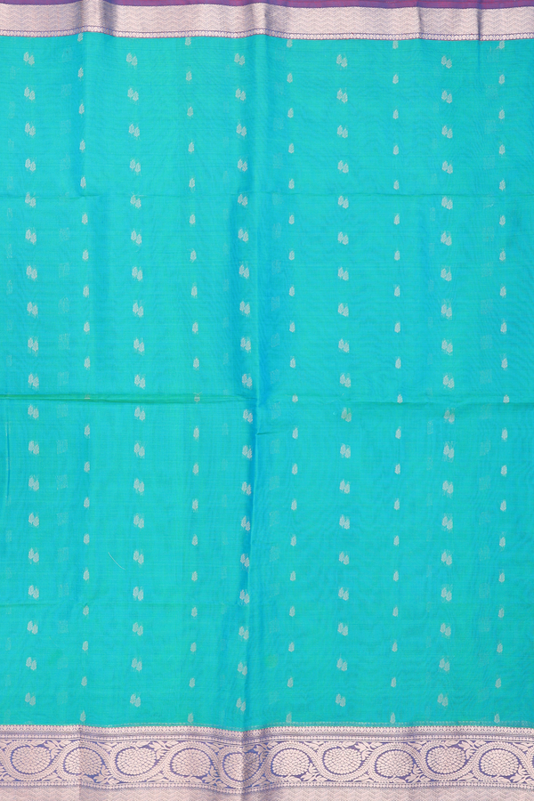 Kora Silk Cotton Saree In Peacock Blue With Zari Buttas