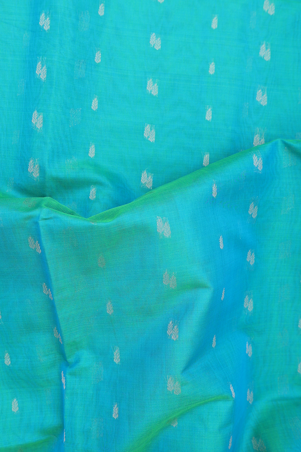 Kora Silk Cotton Saree In Peacock Blue With Zari Buttas