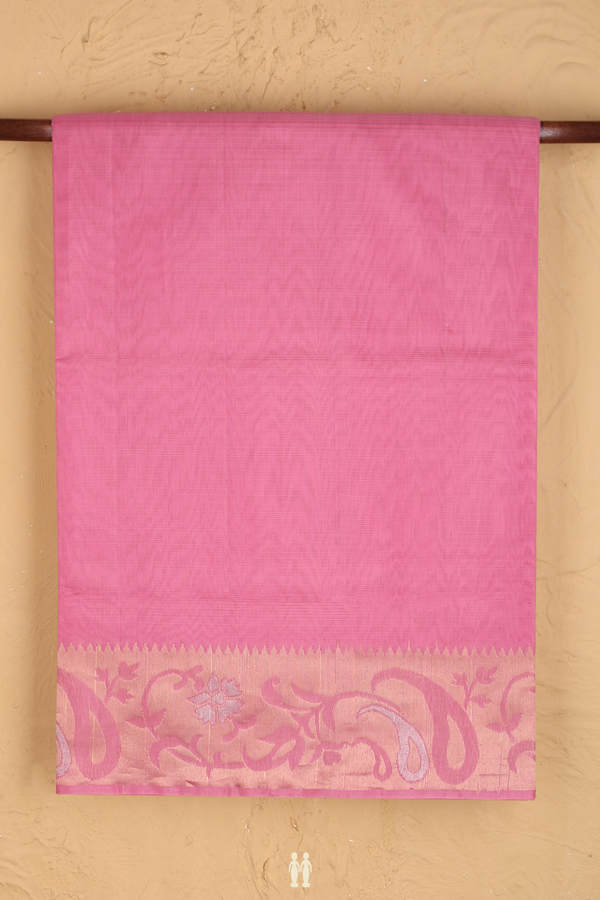 Kora Silk Cotton Saree In Pink With Paisley Border