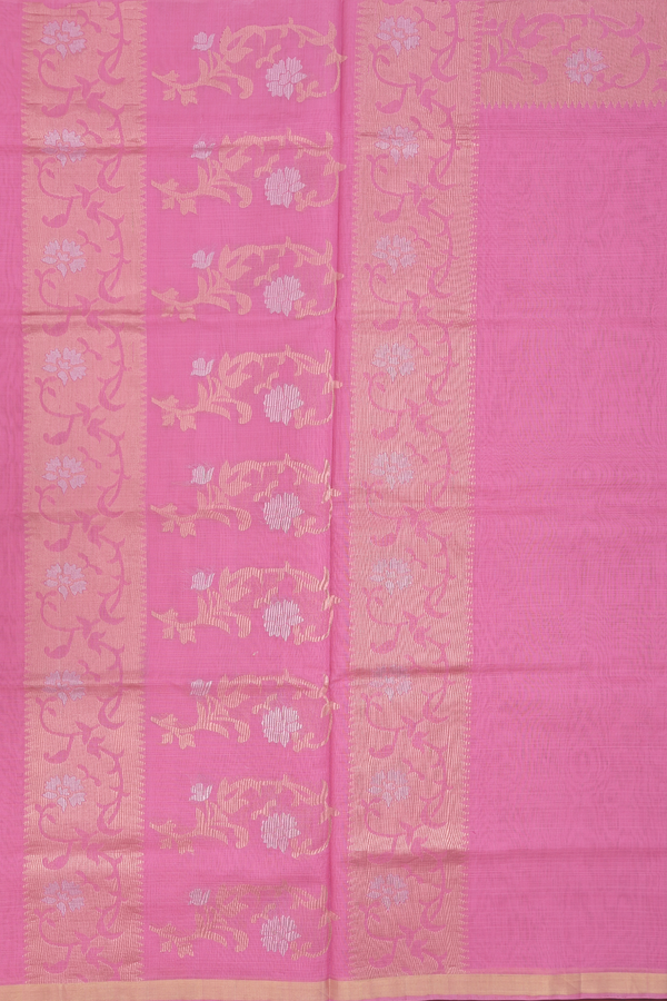 Kora Silk Cotton Saree In Pink With Paisley Border