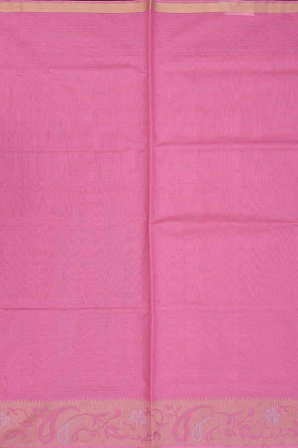 Kora Silk Cotton Saree In Pink With Paisley Border