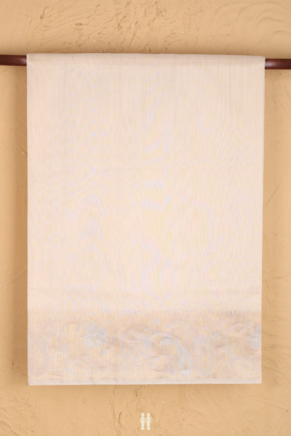 Kora Silk Cotton Saree In Plain Ivory With Paisley Border