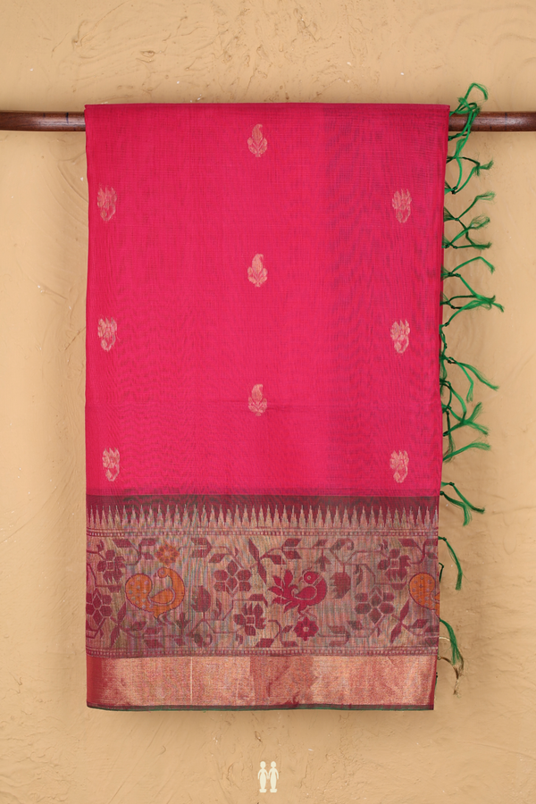 Kora Silk Cotton Saree In Rani Pink With Zari Buttas