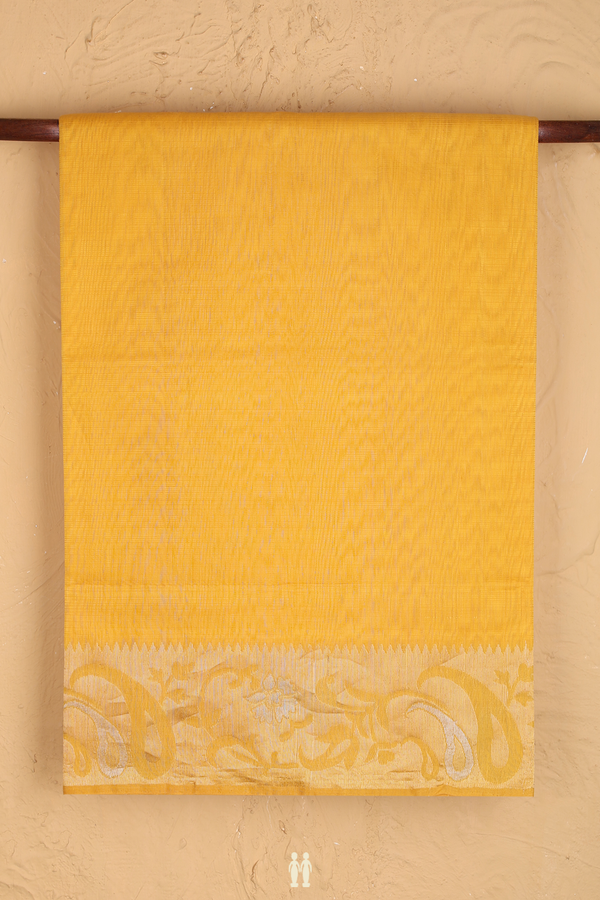 Kora Silk Cotton Saree In Saffron Yellow With Paisley Border