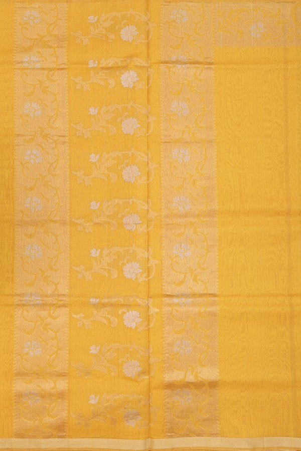 Kora Silk Cotton Saree In Saffron Yellow With Paisley Border