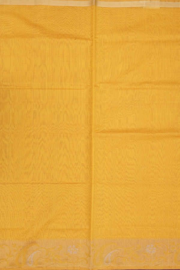 Kora Silk Cotton Saree In Saffron Yellow With Paisley Border