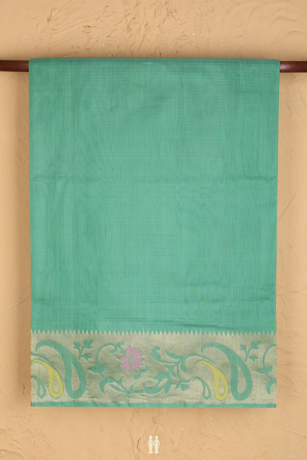 Kora Silk Cotton Saree In Sea Green With Paisley Border
