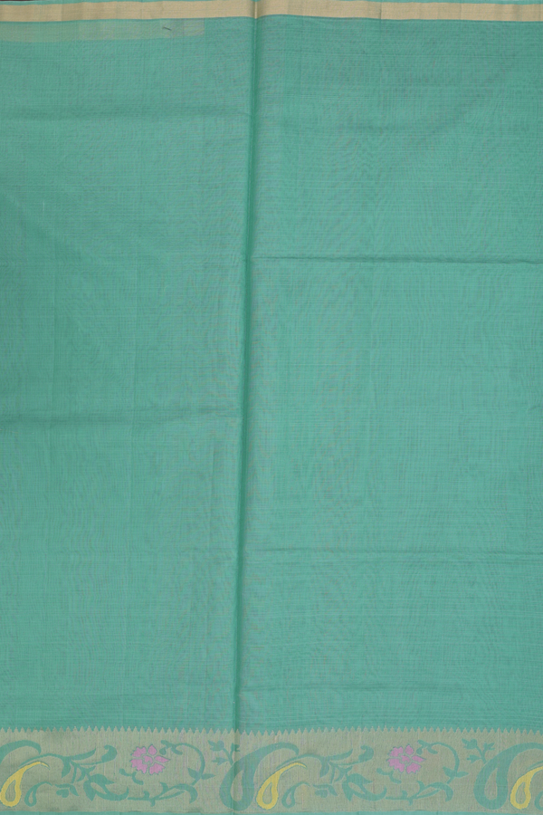 Kora Silk Cotton Saree In Sea Green With Paisley Border