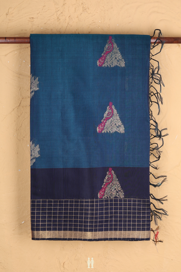 Kora Silk Cotton Saree In Teal Blue With Peacock Design