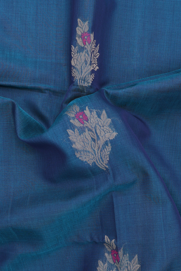 Kora Silk Cotton Saree In Teal Blue With Peacock Design