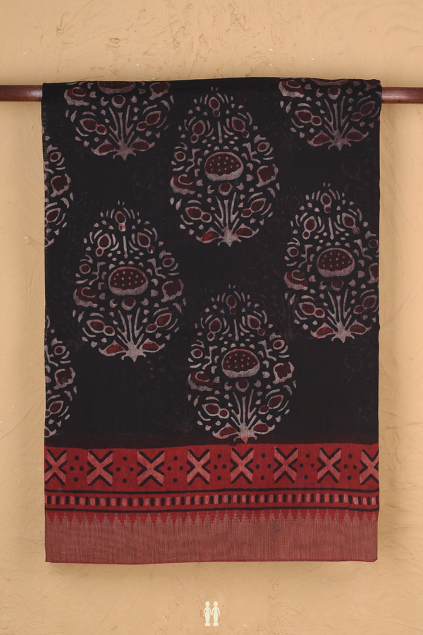 Chanderi Silk Cotton Saree In Black With Printed Design