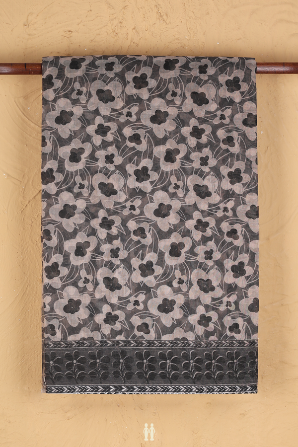 Kota Cotton Saree In Charcoal Grey With Floral Design