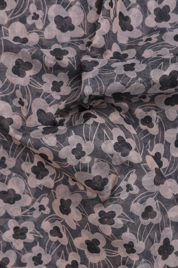 Kota Cotton Saree In Charcoal Grey With Floral Design