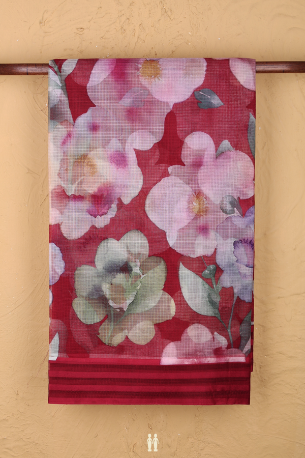 Kota Silk Saree In Burgundy Red With Floral Design